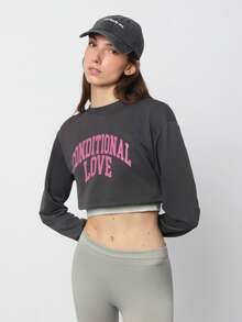 SURIMA Casual Minimalist Grey Printed Pattern Crew Neck Long Sleeve Loose Cropped Women Sweatshirt - Dark Grey - View 6