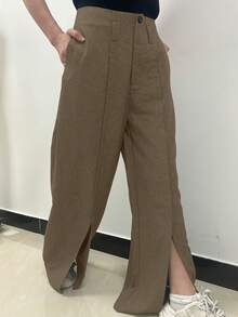 Chiquease Solid Color Casual Wide-Leg Palazzo Pants For Daily Wear - Brown - View 4
