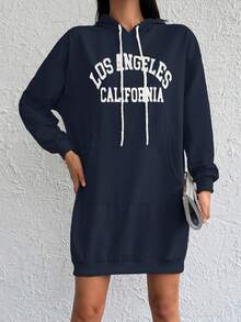 Cottnline Cotton Letter Graphic Kangaroo Pocket Drop Shoulder Drawstring Hooded Sweatshirt Dress - Navy Blue - View 3
