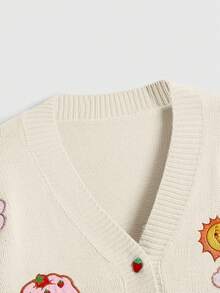 Strawberry Shortcake | ROMWE Women's Strawberry & Portrait Embroidered Button-Front Cardigan - Apricot - View 4