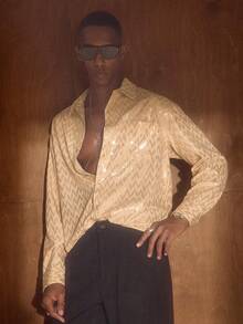 AKNOTIC Men's Turn-Down Collar Single-Breasted Wavy Foil Casual/Business Long Sleeve Shirt Mens Champagne Shirt Bruno Mars Jackpot Mens Sparkly Shirt Sumwon Mens Sequin Shirt Mens Gold Shirt Disco Shirt Men - Gold - View 4