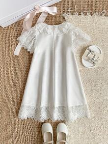 PrepCrw 1pc Young Girls Elegant White Summer Flower Girl Lace Embroidered Decor Collar Short Sleeve Knit Dress,Suitable For Wedding,Party,Festival Outings - White - View 6