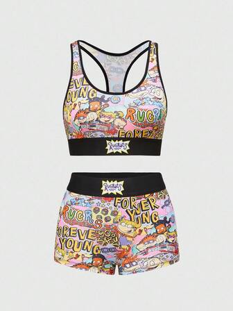 Nick 90's X ROMWE Conjunto de ropa interior de sujetador y calzoncillos tipo bóxer con estampado de figura de dibujos animados
