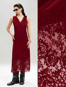 LYSMO 大码女式酒红色蕾丝V领宽松缎面连衣裙 - 酒紅色 - 查看 1