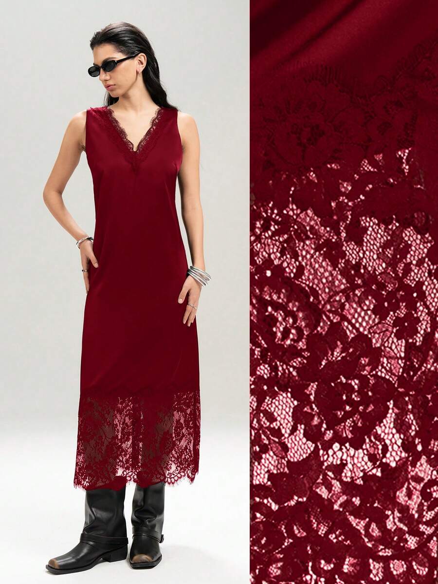 LYSMO 大码女式酒红色蕾丝V领宽松缎面连衣裙 - 酒紅色 - 查看 1
