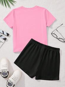Bộ 2 món quần short tay ngắn tối giản phong cách Dopamine Color dành cho bé gái tuổi teen, in hình hoạt hình cô gái K-POP, thích hợp cho mùa hè. - Nhiều màu - Xem 3