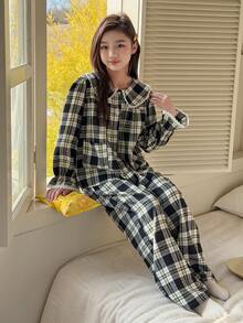 DAZY 少女格子长袖上衣和裤子睡衣套装，秋冬季 - 黑色 - 查看 5