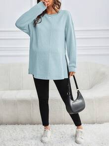 SHEIN Áo nỉ xẻ tà màu trơn đơn giản thời trang mùa thu cho bà bầu - Màu xanh nhạt - Xem 5