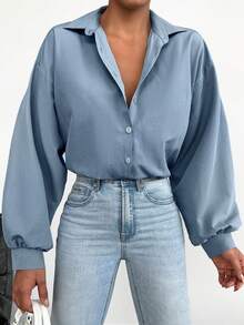 EURMUSE Cotton Solid Drop Shoulder Button Front Shirt - Blue - View 3