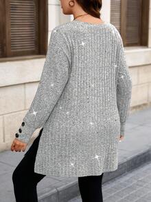 EMERY ROSE Plus Size Women's Solid Color Ribbed Powder Splatter Fashion Elegant Versatile Long Sleeve V-Neck Button Decor Casual Comfortable T-Shirt Top - Light Grey - View 2