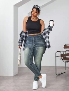 SHEIN ICON 大码女式高腰口袋修身休闲百搭牛仔裤 - 藍色 - 查看 6