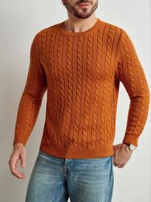 Manfinity Homme Men's Casual Cable Knit Pullover Sweater, Autumn/Winter - Brown - View 2