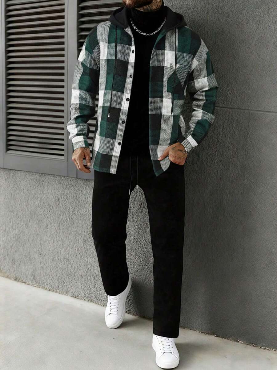 Manfinity CasualCool 男士时尚简约格纹抽绳连帽外套和裤子休闲套装 - 墨綠色 - 查看 1
