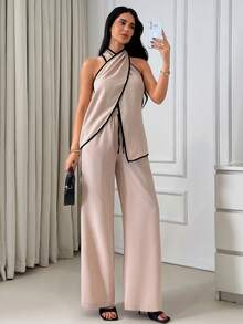 EURMUSE Women Side Striped Detailed Two Pieces Outfits Tops And Pant Sets - Beige - View 1