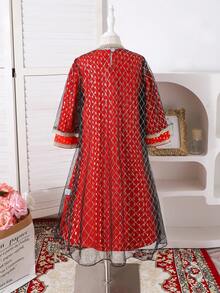 女童红色箔印长袖金色领子碎花连衣裙，黑色网纱罩衫，优雅服饰，春秋季装 - 紅色 - 查看 2