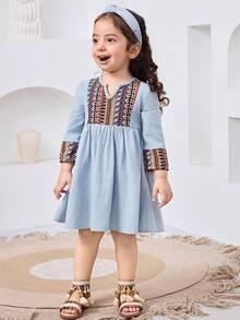 Baby Girls Cute Striped Tassel Long Sleeve Dress, Blue, Spring/Summer - Blue - View 3