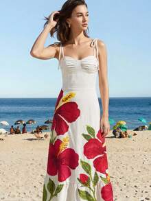 CAJUNI 女士热带度假刺绣花卉连衣裙 - 杏色 - 查看 6