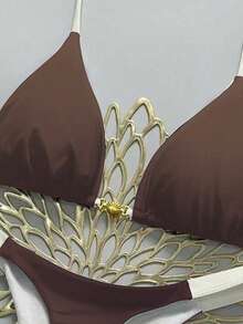 Swim Vcay Women's 2 Pieces Shell Decor Tie-Up Contrast Color Halter Bikini Set, Summer Beach Vacation - Brown - View 4