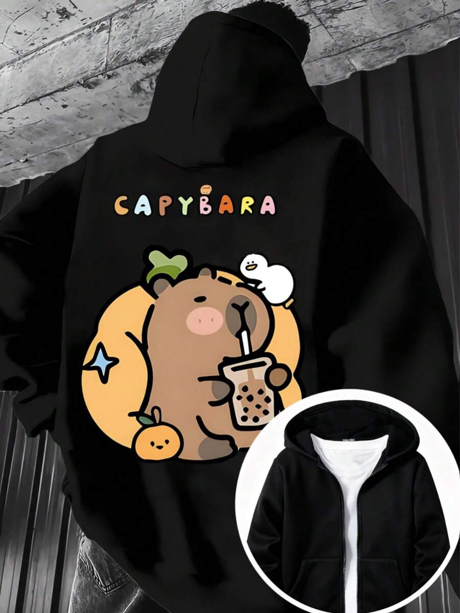 Hombre005-1 Sudadera Navidad capucha para hombres con capucha, chaqueta para hombres abierta con cremallera, nuevaSudadera con capucha y forro polar para hombre con estampado de capybara Ropa de invierno acogedora, bolsillo de canguro, tejido suave, ideal para ropa de clima frío - Negro - Ver 1