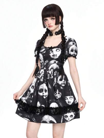 Goth Gotischer dunkelwitch Spitzen-Patchwork Puppen-Muster Kurzkleid für Frauen
