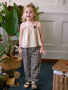 Blossori 2pcs Vintage Floral Decor Camisole Top And Brown Plaid Ruffle Hem Pants Set For Young Girls, Suitable For Spring/Summer And Outdoor Vacation - Brown - View 1