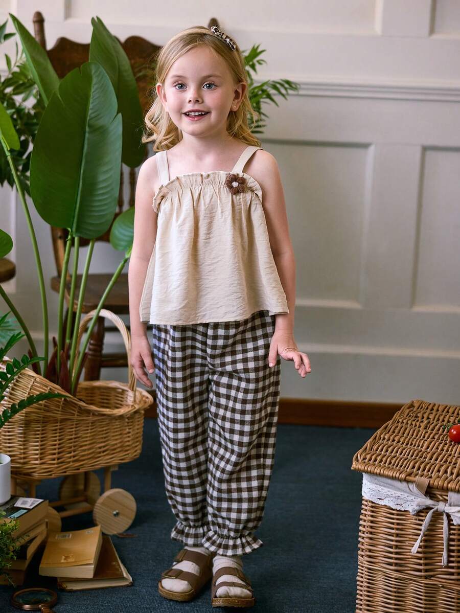 Blossori 2pcs Vintage Floral Decor Camisole Top And Brown Plaid Ruffle Hem Pants Set For Young Girls, Suitable For Spring/Summer And Outdoor Vacation - Brown - View 1