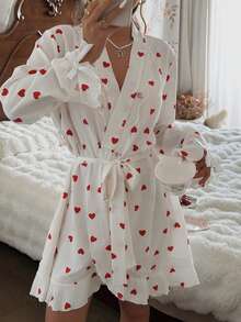 SHEIN Women's Heart Print Ruffle Lace Trim Robe Summer Robe Womens Robe Cute Robes Cute Sleepwear Heart Print Robe