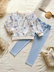 Vintaside Kids Bộ áo nỉ dài tay và quần legging gân màu vàng ombre họa tiết hoa dành cho bé gái, trang phục thời trang và dễ thương cho mùa xuân/thu. - Màu xanh lam - Xem 4