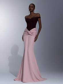 Elitara Elegant, Romantic, Fashionable, Minimalist Green, Sequin Fabric, Satin Patchwork, Fish Bone Decor, Shaped Sleeves, Fish Tail Hem, Trailing, Fashionable, Influencer, Holiday, Vacation, Birthday Party, Wedding Event, Formal Gala Dress - Green - View 1