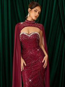 Coutiva Elegant Sequin Beaded 2-Piece Set Luxury Strapless Slim Mermaid Evening Dress,Heavy Workmanship Formal Gown For Wedding Guest,Party & Graduation - Burgundy - View 5