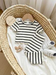 SHEIN 女婴可爱夏季休闲百搭针织彩色条纹短袖上衣和松紧腰裤套装 - 彩色 - 查看 5