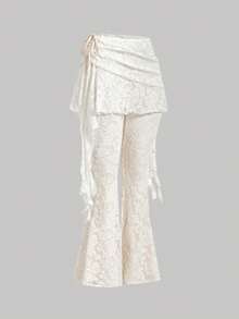 SHEIN MOD Women's Pleated 2 In 1 Flared Lace Elegant Pants, Spring/Summer, Valentines Day Outfit, Jacquard Pants, Beach Pants, Suitable For Vacation, Music Festival, Boho, Holiday Dates, Afternoon Tea, Western Style, Y2k Clothes, Apricot Pants, Royal, 2 In1, Stylish Design, Lace Pants White Flare Pants