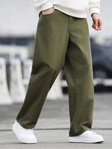 Manfinity Hypemode Men's Pocket Button Casual Commuter Denim Jeans Japanese Pants Olive Green Pants Men - Army Green - View 7