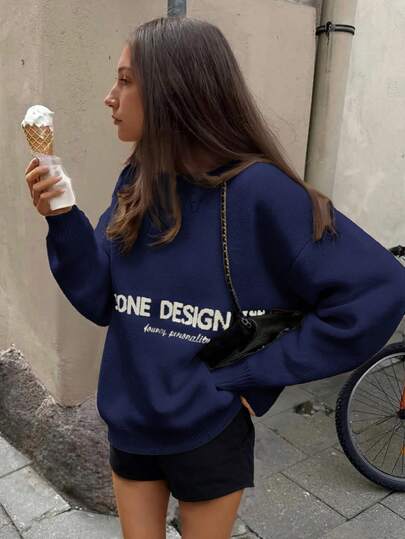 Jouncy 秋冬新款宽松复古休闲字母针织女式毛衣