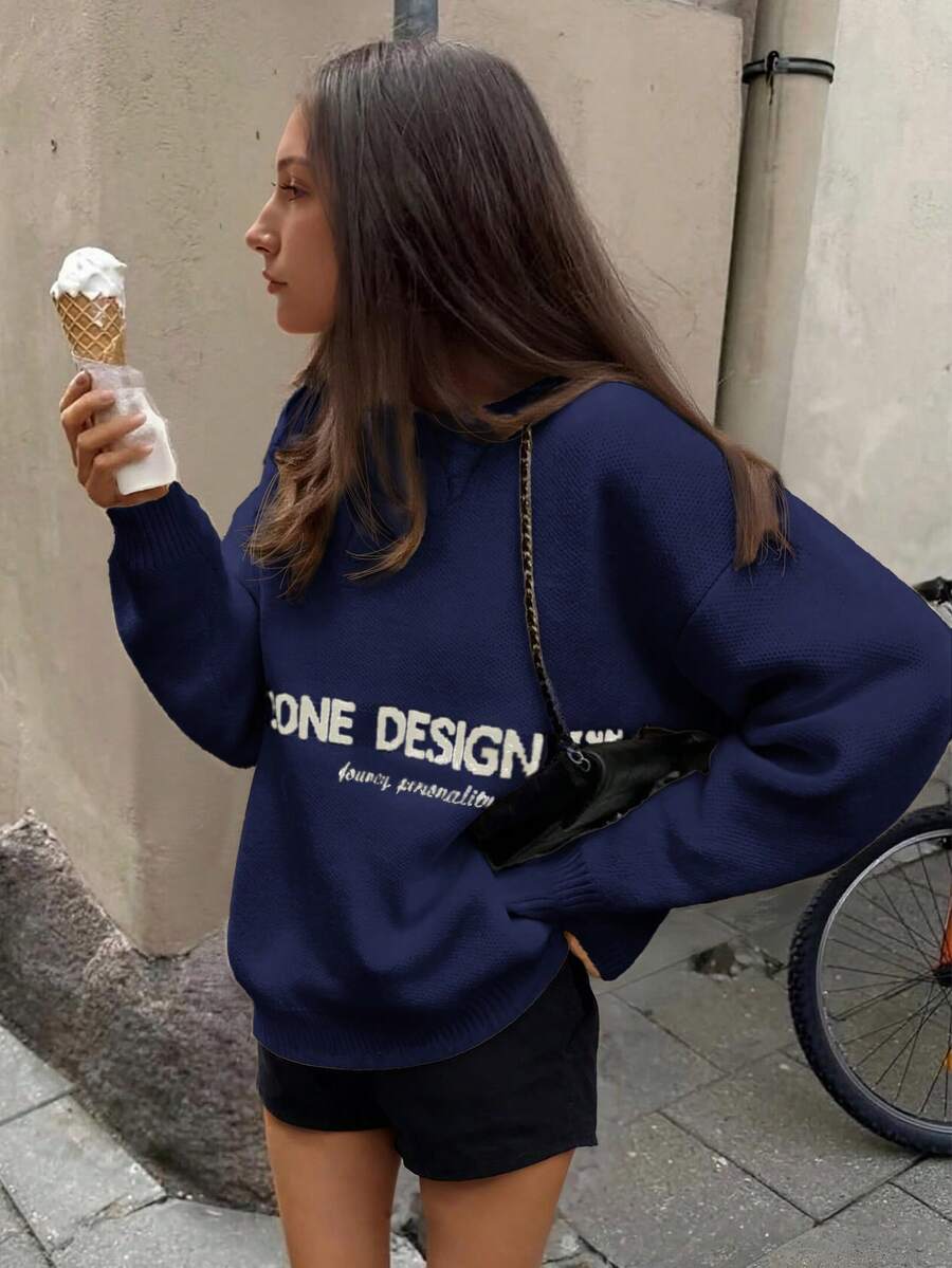 Jouncy Autumn/Winter New Loose Retro Casual Letter Knit Sweater For Women - Navy Blue - View 1