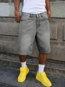 Manfinity EMRG Men's Light Blue Washed Vintage Distressed Loose Casual Denim Shorts - Light Grey - View 8