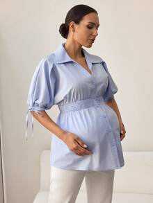 MaterniWear Maternity Wear, Maternity Tops, Elegant Commuting/Office Attire, Summer Blue Button-Down Collar Maternity Blouse, Fitted Waist And Neckline, Suitable For Spring And Summer Wear, Women's Maternity Blouse, Pure Cotton Maternity Top, Maternity Shirt. Light Blue Maternity Top, Women's Maternity Blouse, Maternity-Friendly Top, Comfortable Maternity Shirt. - Blue - View 5