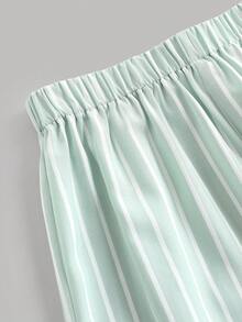 SHEIN Teen Girls' Casual Striped Sleeveless Top With Wooden Buttons And Straight Leg Pants Set, Spring/Summer Vacation Outfit - Green - View 4