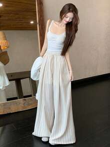 DAZY Women's Casual Loose Striped Wide Leg Pants, Spring/Summer, Korean Style - Beige - View 7