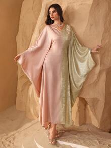 Al Najma Elegant Middle Eastern Style Batwing Sleeve Patchwork Jacquard Robe, Slimming Kaftan Jalabiya Dress - Apricot - View 6