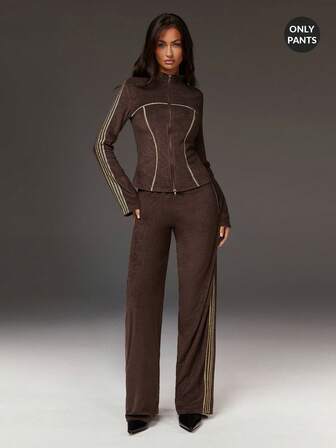 Athîral 女士休闲撞色条纹刺绣设计裤