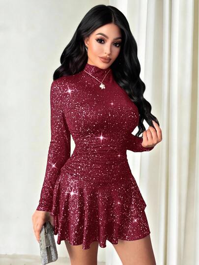 Vavine 优雅亮片金属褶皱黑色针织高领长袖荷叶边迷你连衣裙，适合派对和日常穿着，秋冬季款