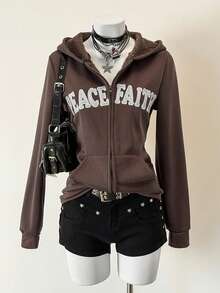 Jeanoix Women's Casual Letter Embroidered Thermal Lined Zip-Up Sweatshirt, Autumn - Multicolor - View 1