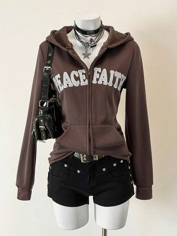 Jeanoix Women's Casual Letter Embroidered Thermal Lined Zip-Up Sweatshirt, Autumn