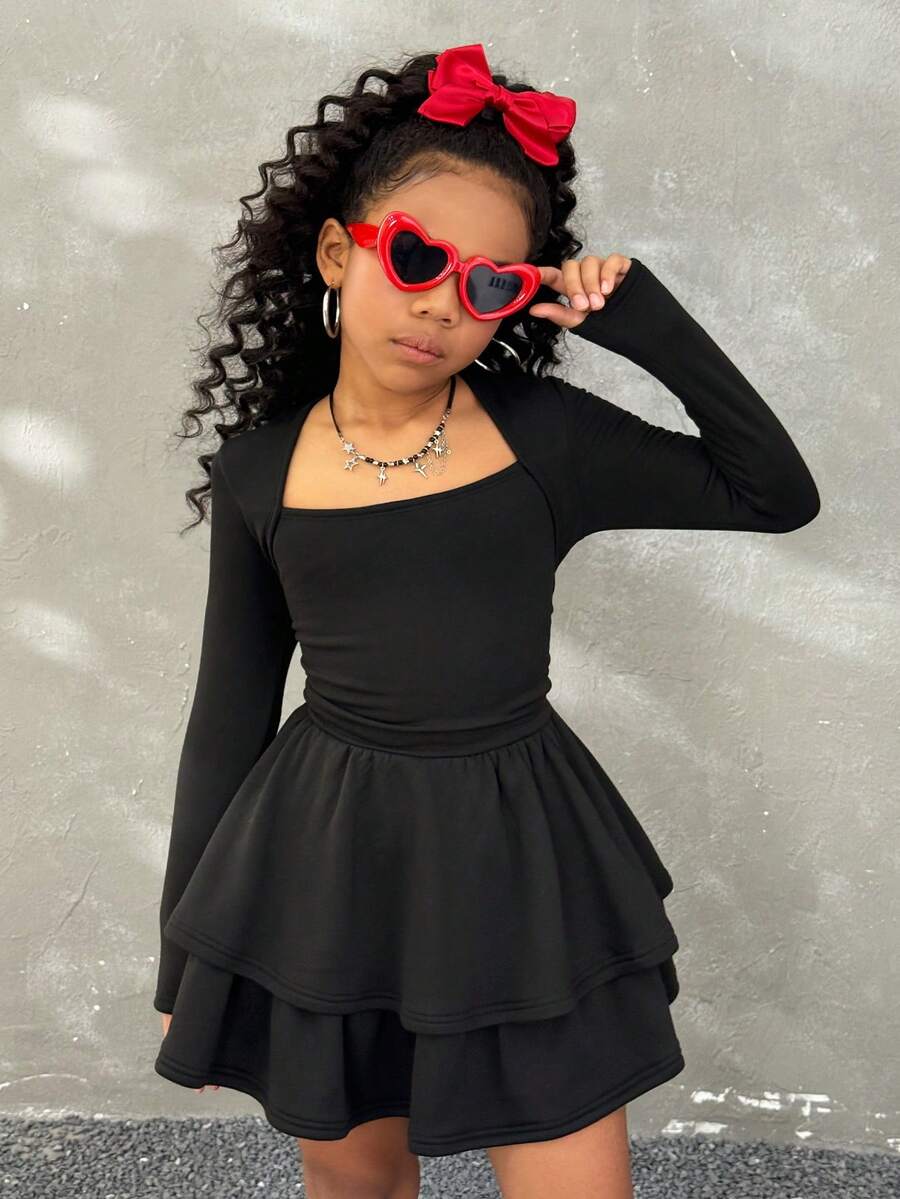 Coolane Kids Vestido de princesa plisado de unicolor para niñas preadolescentes, adecuado para fiestas y eventos, Navidad, fiestas, vestidos de fiesta elegantes, vestidos de playa, vestidos casuales, atuendos de vacaciones, vestido negro, vestido negro de manga larga para niñas - Negro - Ver 1
