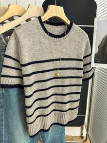 Franclia 新款春夏韩版休闲宽松个性条纹撞色针织女式上衣 - 卡其色 - 查看 6