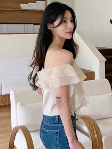DAZY Áo kiểu trễ vai xếp ly màu trơn thời trang dành cho nữ - Màu be - Xem 5