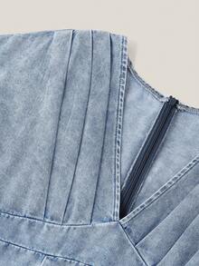 SHEIN MOD Women's Casual Washed Pleated Waist Denim Dress Blue Dress  Summer Dresses For Women Party Dresses Christmas Party Dress Elegant Dresses For Women Holiday Dresses For Women Women's Denim Dress Featuring A Flattering V-Neckline, Pleated Bodice, And Short Flowy Sleeves, Perfect Casual Style