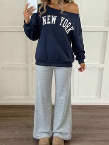 SHEIN Teen Girls Off-Shoulder Letter Print Navy Blue Sweatshirt And Grey Flare Pants Set, Autumn/Winter Outfit - Navy Blue - View 3
