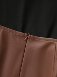 Franclia Fashionable New High-Neck Short-Sleeved Slim-Fitting Black Vest + Stylish Brown Glossy Leather PU Skirt, Irregular Mini Skirt, Spring/Summer High-Waisted Slimming Bodycon Sexy Pleated Women's Two-Piece Set,Summer,Spring,Valentine's Day ,Romance , Dating,Beach, Wedding,Birthday,Going Out,Elegant,Casual,Vacation,Graduation Season Attire, Fashionable Casual Commuter Wear, Business Office Wear, Versatile And Stylish Everyday Casual Wear, Urban Teacher's Professional Attire - Brown - View 7